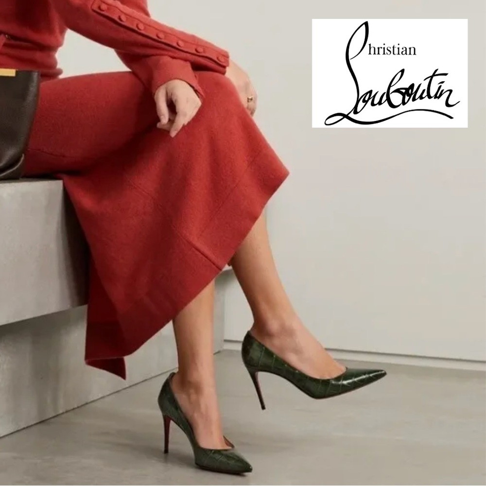 NWT Christian Louboutin 85 Kate Calfskin Croc Embossed Pointed Toe Pump--Size 40 - Picture 3 of 5